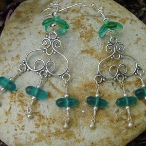 Sterling Silver, Sea Glass, Vintage Bead Earrings